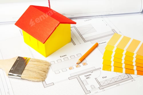 Preview: Close up shot of architect's tools on a blueprint