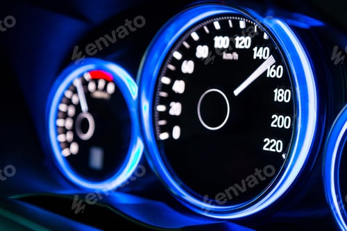 Preview: Modern car instrument panel dashboard with blue illuminated display, rev up.