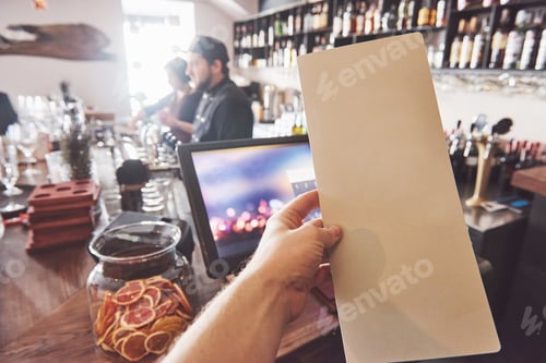 Preview: Mock up Menu frame on Table in Bar restaurant cafe Background