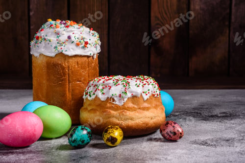 Preview: Easter cake and colorful eggs on a dark background