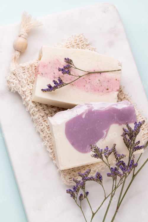 Preview: Handmade natural soap on pastel background.