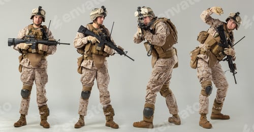 Preview: Military personnel display tactics and gear in studio setting for training purposes