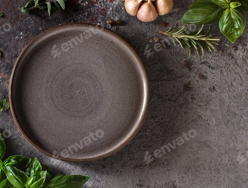 Preview: empty ceramic plate food background with basil and cherry tomatoes