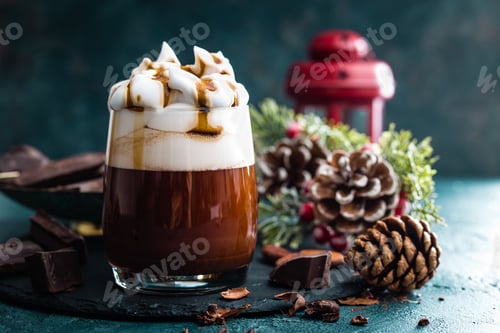 Preview: Hot chocolate with whipped cream. Chocolate drink and Christmas decorations