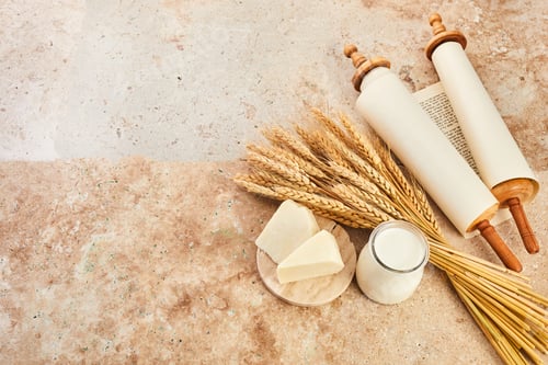 Preview: Kosher dairy product for celebration Jewish Holiday Shavuot. Shavuot background.