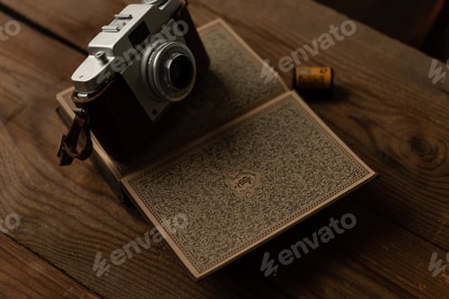 Preview: Retro analog camera and an old brown book on a wooden table