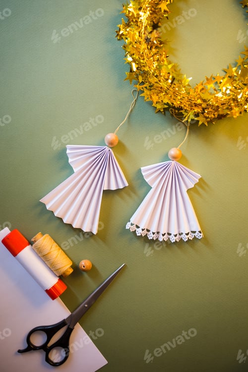 Preview: DIY Christmas tree toy angel made of paper and beads. new year paper craft for kids. home decor