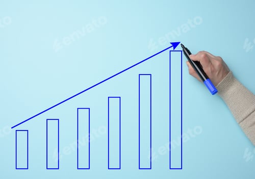Preview: Graph with growing indicators and a female hand with a marker on a blue background