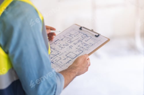 Preview: Professional architect holding clipboard with apartment drawing paper in hands