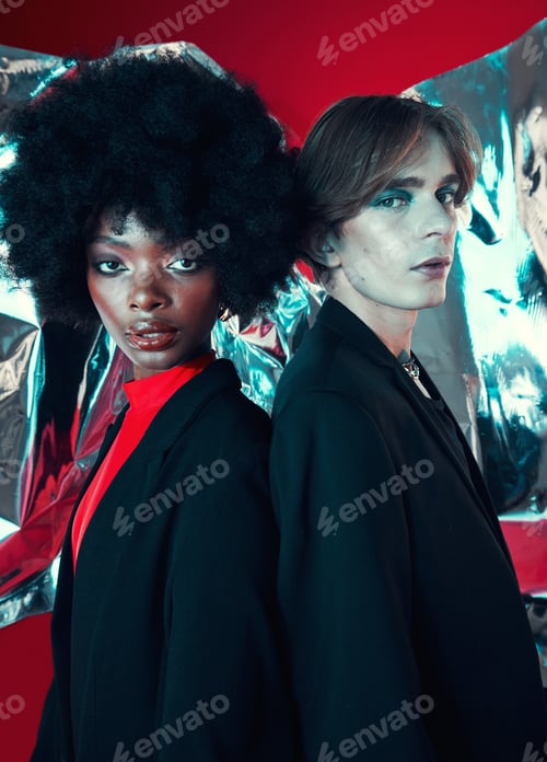 Preview: Retro, portrait and people on a studio background for art, rock or creative aesthetic. Makeup, fash