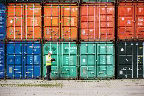 Preview: A customs inspector standing and reviewing a tack of containers
