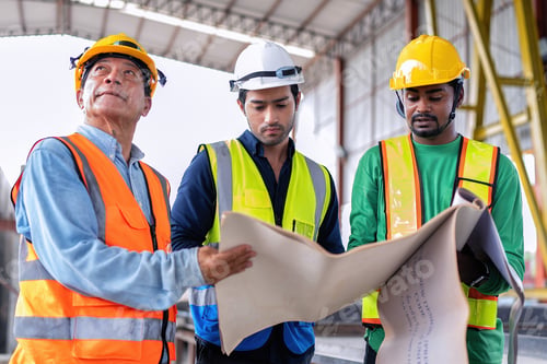 Preview: At construction site engineer check drawing correctness concrete mold before pouring concrete
