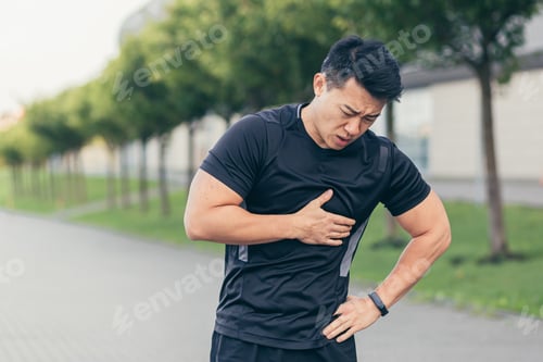 Preview: Male asian athlete, has chest pain fitness in the park and running, heart aches after