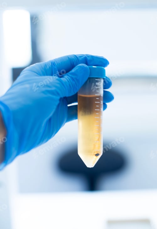 Preview: Closeup of hands in blue protective gloves holding a tube for testing in a lab