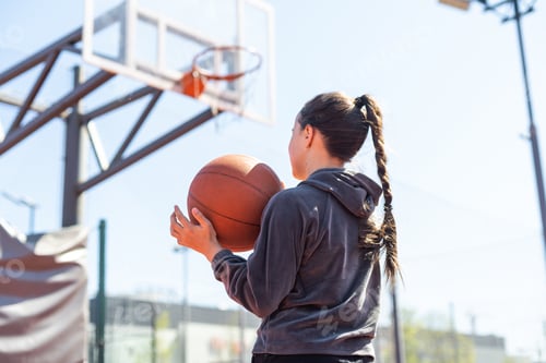Preview: Girl with a basketball on the background of the city. Street basketball.