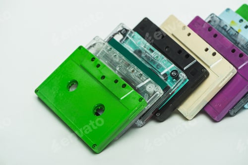 Preview: Green, Turquoise, Purple And Black Retro Cassettes on White Background