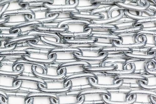 Preview: Close view of metal chain links arranged in a patterned design on a white background