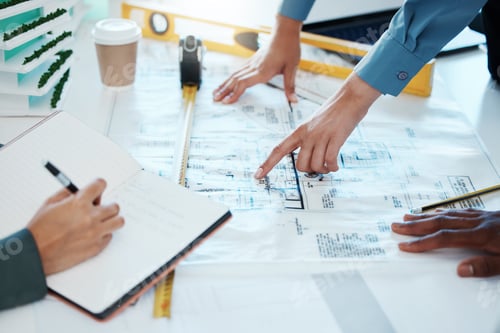 Preview: Architect, blueprint and team meeting for planning, collaboration and communication for building de