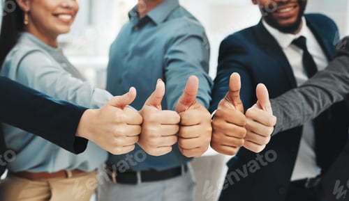 Preview: Thumbs up, success and group closeup or people winning, support or thank you hands or emoji. Yes, l