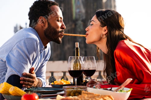 Preview: Multiracial beautiful happy couple of lovers dating in Barcelona