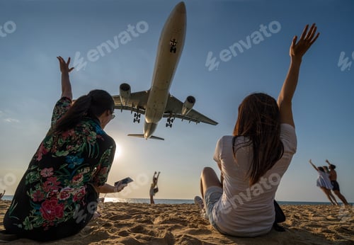Preview: Scene of Two traveler woman showing hand and funning with Airplane landing closely