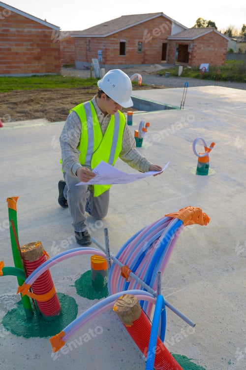 Preview: Professional Engineer Architect Worker With Protective Helmet And Blueprints Paper At House