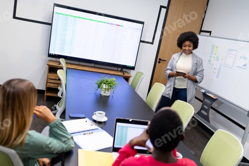 Preview: African american businesswoman giving presentation to diverse group of colleagues in meeting room