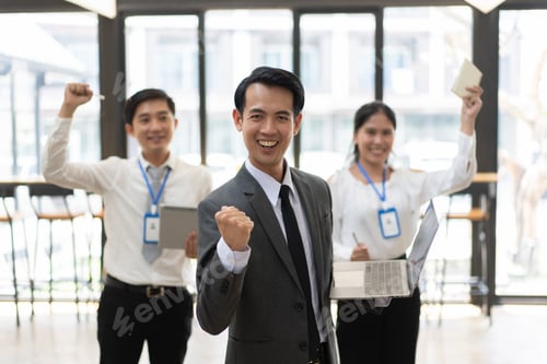 Preview: Happy Asian business people celebrating success at company.