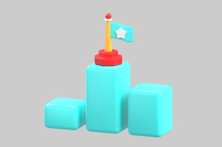 Preview: Abstract three-dimensional rendering of three rectangular blocks with a flag on top.