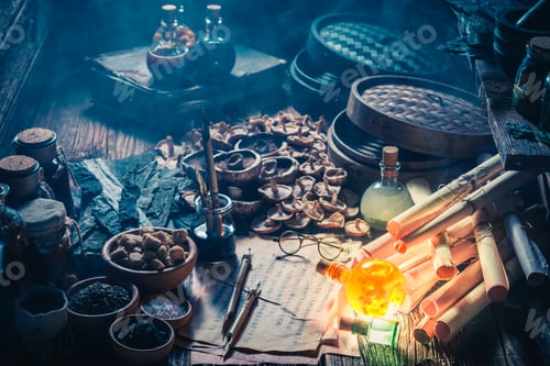 Preview: Old scrolls and recipe in vintage alchemist laboratory