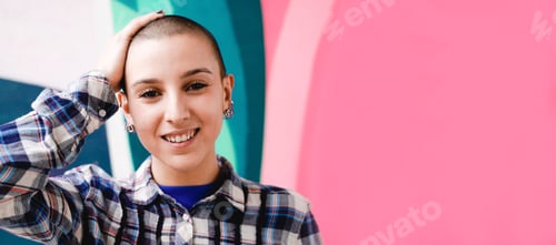 Preview: Portrait of young bald woman smiling at camera outdoor - Diversity people lifestyle concept