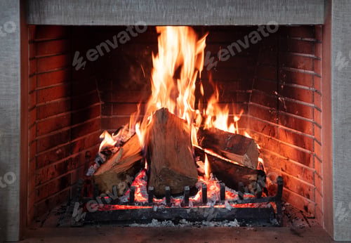 Preview: Burning fireplace, real wood logs, cozy warm home at xmas time