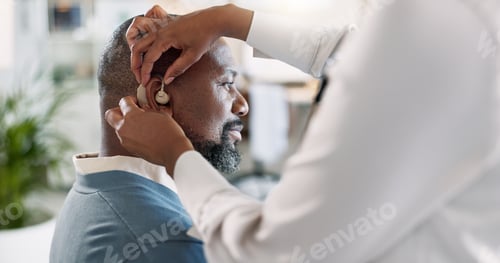 Preview: Man, ear and hearing aid with healthcare, medical support and placement with implant for sound and