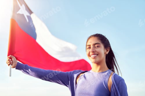 Preview: Smiling Woman Holding a Flag Outside on a Sunny Day