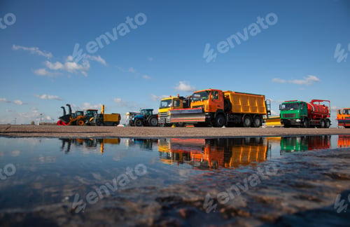 Preview: Colorful cars. Snowblower. Large snow removal machines at the airport. Road equipment. Grader, dump