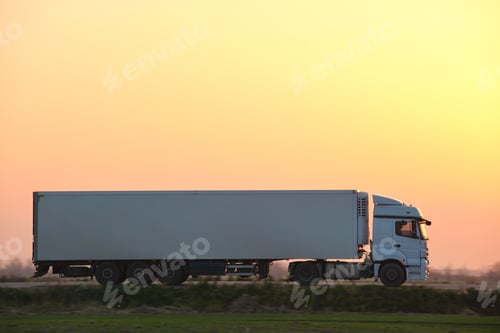 Preview: Semi-truck with cargo trailer driving on highway hauling goods in evening