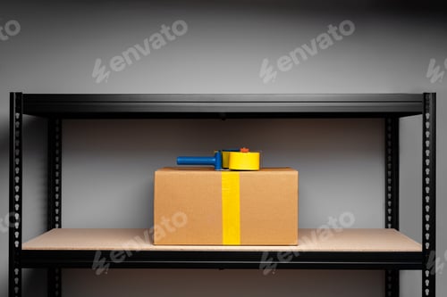Preview: Stand shelf with one packed cardboard box