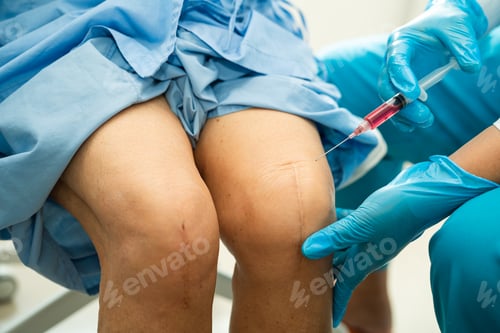 Preview: Asian doctor inject Hyaluronic acid platelet rich plasma into the knee of senior woman to walk