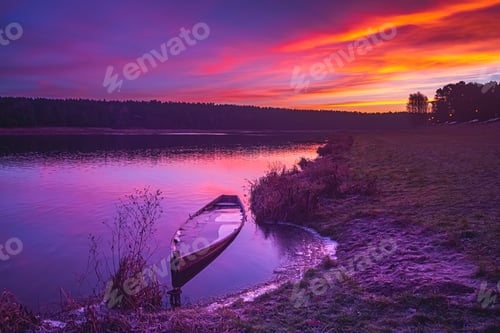 Preview: Fishing Boat on a Calm river at Sunrise