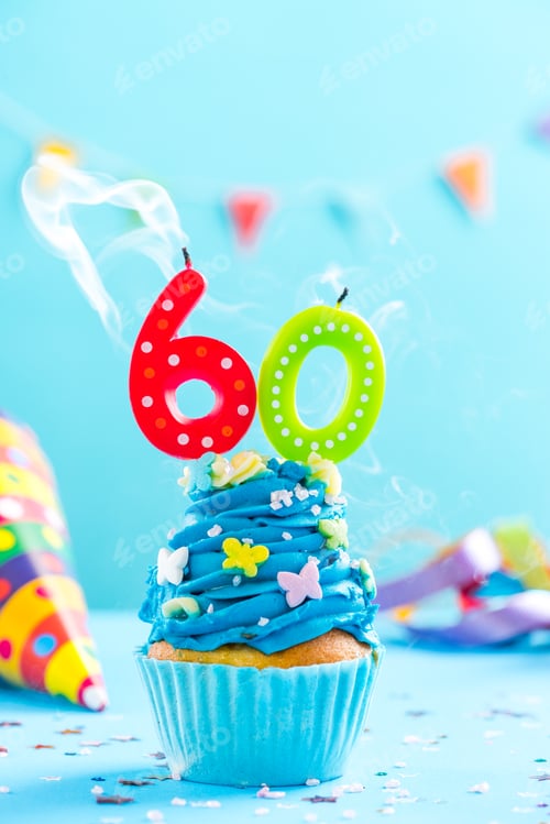 Preview: Sixtieth 60th birthday cupcake with candle blow out.Card mockup.