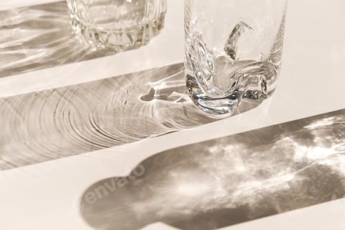 Preview: glasses and shadows. glass with sparkling sunlight shadow. unlight and blank business