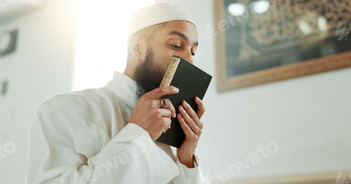 Preview: Islam, kiss and man in mosque with Quran, mindfulness and gratitude in faith reading. Worship, reli
