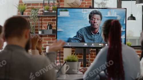 Preview: Close up of business people using online teleconference call