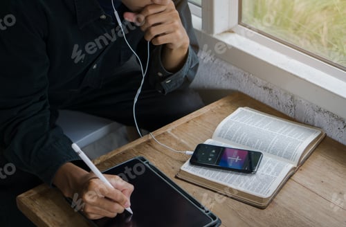 Preview: Christian man listen to worship song and praying to GOD with church online Sunday Live Church.