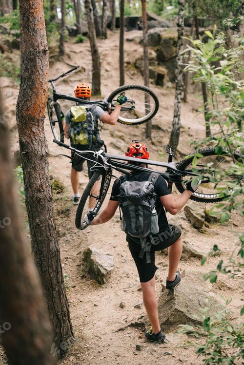 Preview: rear view of trial bikers carrying bikes on backs at forest