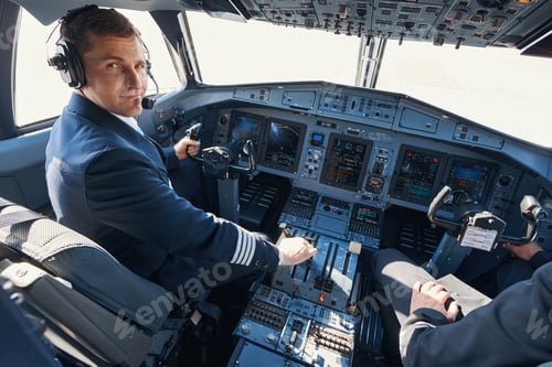 Preview: Pleased aircraft captain smiling while pulling thrust lever