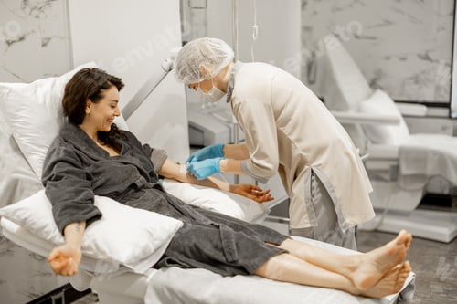 Preview: Woman with nurse during blood washing procedure at medical centre
