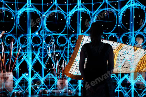Preview: Woman silhouette in front of Digital art panel in one of the Expo in Dubai