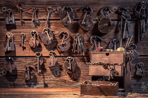 Preview: Wall of locks and keys in locksmiths workshop