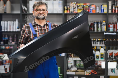 Preview: Salesman holding car fender in auto parts store